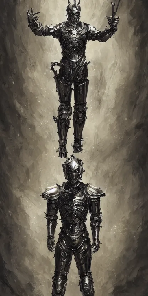 Image similar to powerful male tin man, willem dafoe as tinman, full body character concept, covered in full metal armor, art nouveau, super powers, fantasy, intricate, elegant, highly detailed, digital painting, artstation, concept art, shining, sharp focus, illustration, art by stanley lau