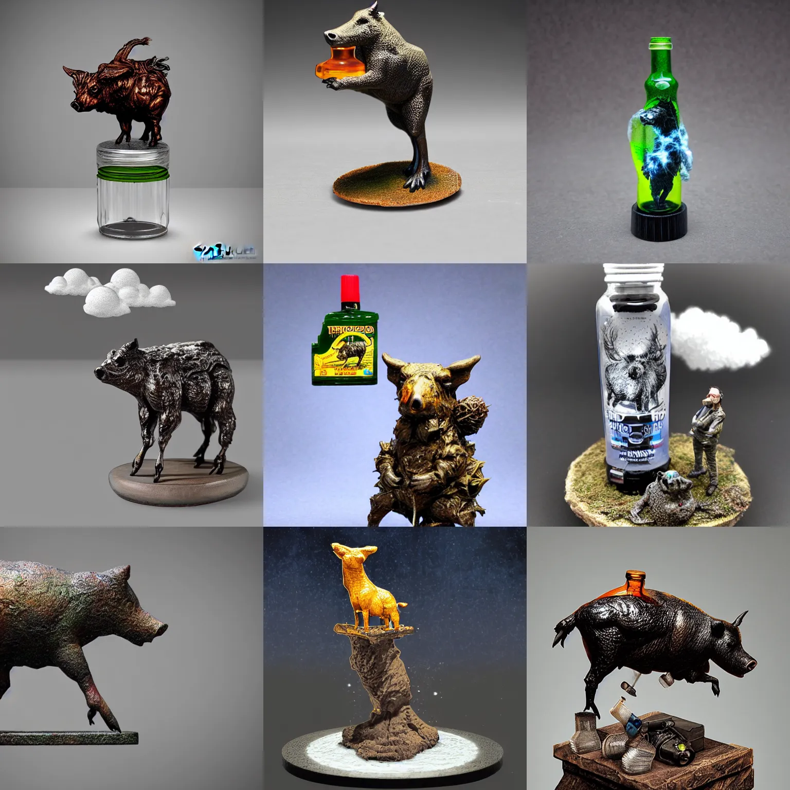 Prompt: hardmesh retro futurist post - big glue bottle as 2 8 mm miniature of sticky wild boar standing on the table, toxic clouds, fly particles, dust, acid drops, fantasy digital art, thievery equipment, sculduggery, by kim jung gi, zabrocki, karlkka, jayison devadas