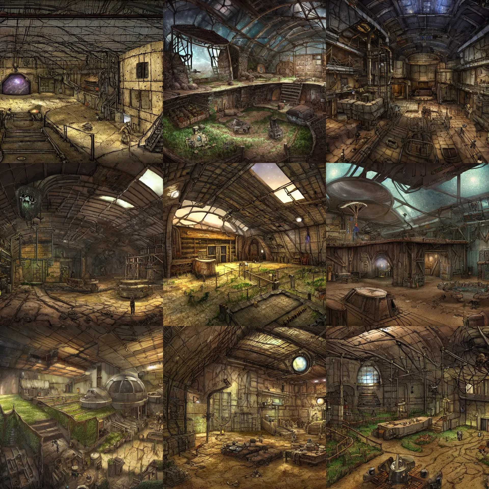 Prompt: inside a farm barn, on a remote planet, from a space themed point and click 2 d graphic adventure game, set design inspired slightly by hg giger and tomb raider, art inspired by thomas kinkade