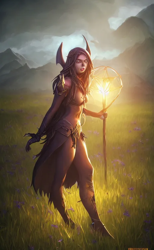 Image similar to medium shot of dark elf witch in field, sunny, highly detailed, d & d, fantasy, highly detailed, digital painting, trending on artstation, concept art, sharp focus, illustration, global illumination, ray tracing, realistic shaded, art by artgerm and greg rutkowski and fuji choko and viktoria gavrilenko and hoang lap