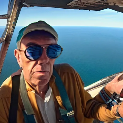 Image similar to hunter s. thompson flying a biplane over a beautiful oceanscape, 4 k,