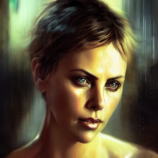 Image similar to charlize theron, hyperrealistic portrait, bladerunner street, art of elysium by jeremy mann and alphonse mucha, fantasy art, photo realistic, dynamic lighting, artstation, poster, volumetric lighting, very detailed face, 4 k, award winning