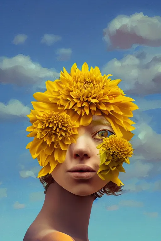 Image similar to closeup girl with huge yellow dahlia flower as a face, on beach, surreal photography, blue sky, sunrise, dramatic light, impressionist painting, digital painting, artstation, simon stalenhag