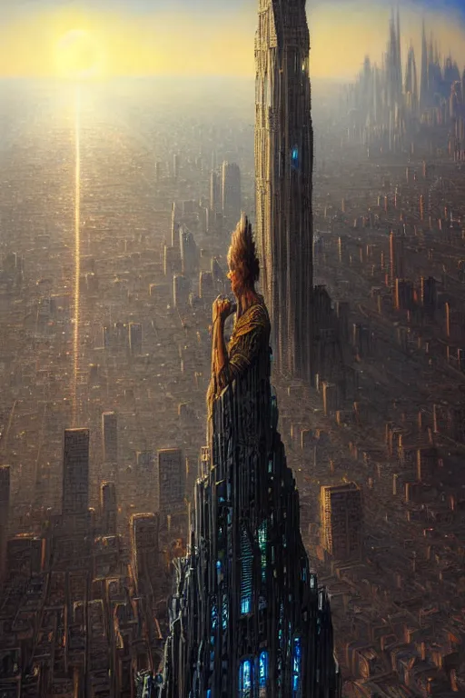 Image similar to hyperrealistic mixed media painting of a stunning giant gigachad, towering over a helpless city, despair, stunning 3d render inspired art by P. Craig Russell and Barry Windsor-Smith + perfect facial symmetry + dim volumetric lighting, 8k octane beautifully detailed render, post-processing, extremely hyperdetailed, intricate, epic composition, grim yet sparkling atmosphere, cinematic lighting + masterpiece, trending on artstation, very very detailed, masterpiece, stunning