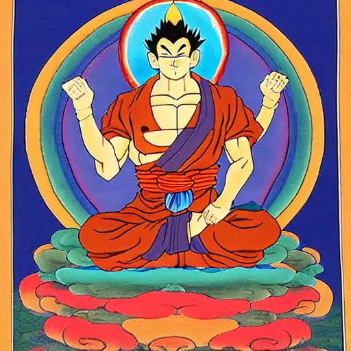 Image similar to Goku depicted in a Buddhist style Thangka painting