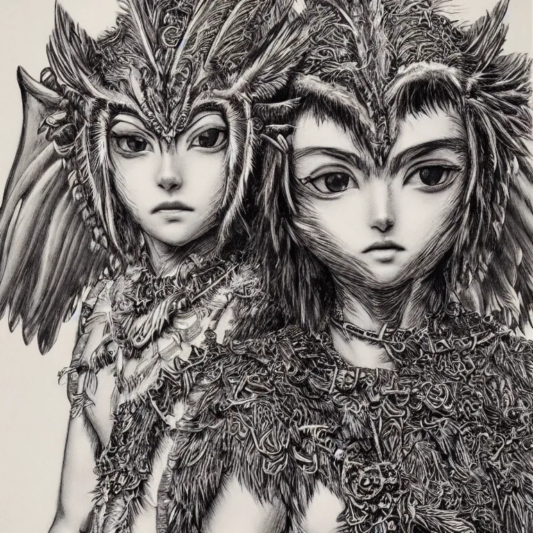 Prompt: young owl goddess, realistic proportions, sharp focus, beautiful face, in feather armor, wielding an owl axe, symmetrical, highly detailed, engraving kentaro miura manga art style trending on artstation 8 k