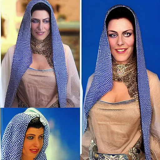 Prompt: Monica Belluci as an Arab woman, tanned skin, bright blue eyes, white veil