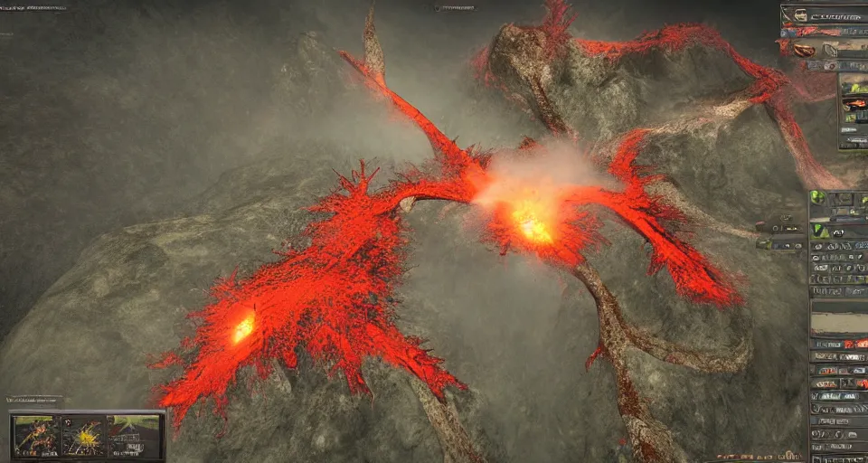 Image similar to a volcano made of ivory vines and crimson rocks enters in eruption, it spits a smoke in the shape of demonic eye, from Lineage 2