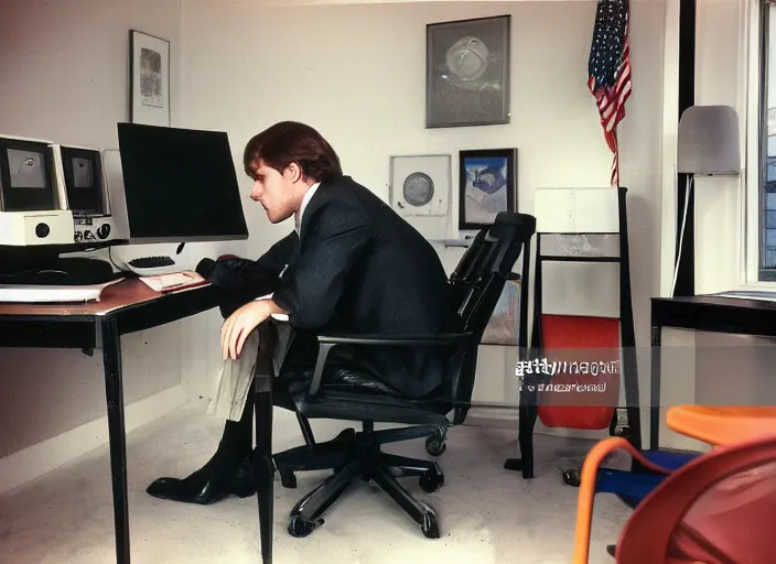 Prompt: color photo. stock market. handsome photomodel sitting by his 8 0's computer in the 8 0's