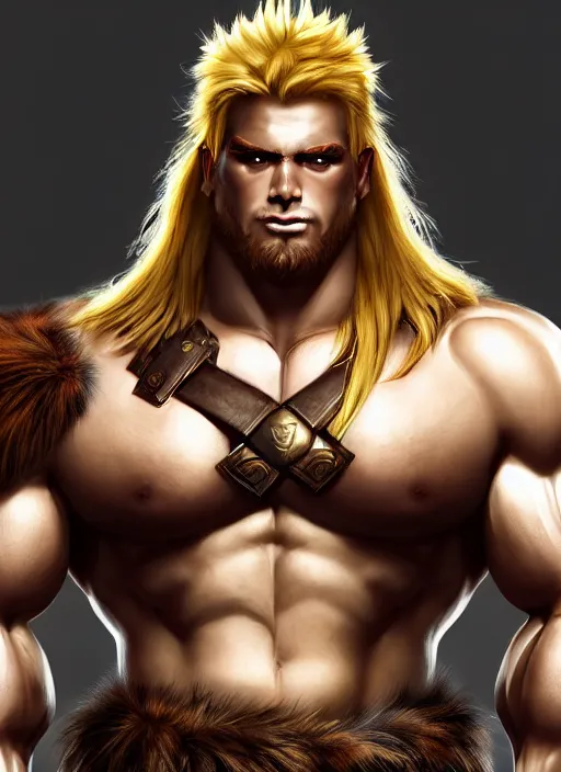 Image similar to barbarian, jackson wang, fierce, big muscles, large muscular chest, fur leather armor!!! handsome golden hair male!! character concept art, sharp focus, octane render! unreal engine 5! highly rendered!! trending on artstation!! detailed linework!! illustration by artgerm, wlop, and chie yoshii