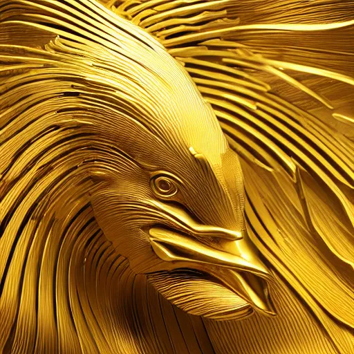 Image similar to a golden rooster sculpture presented in a museum, realistic, ultra high detail, 8 k.