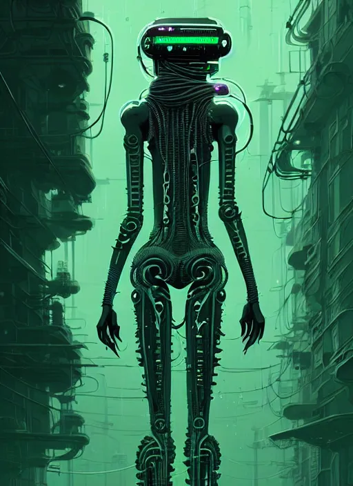 Image similar to highly detailed portrait of a biopunk long curly white hair tribal lady, stray wiring by atey ghailan, james gilleard, by joe fenton, by greg rutkowski, by greg tocchini, by kaethe butcher, 4 k resolution, gradient green, black and white color scheme!!! ( ( green caustic robotic dystopian city background ) )