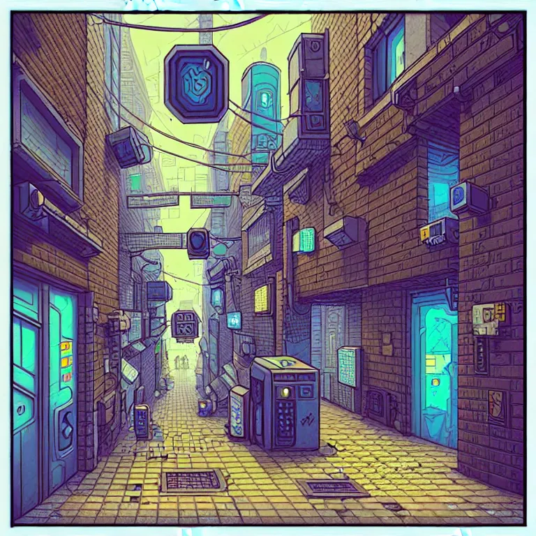 Image similar to an absurdly-detailed isometric cyberpunk alleyway colored-pen drawing as a fancy square tile