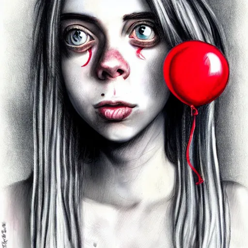 Prompt: surrealism grunge cartoon portrait sketch of billie eilish with a wide smile and a red balloon by - michael karcz, loony toons style, my little pony style, horror theme, detailed, elegant, intricate