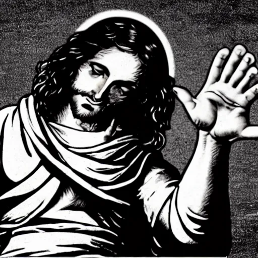 Prompt: jesus as a gangsta, making a v with his hand