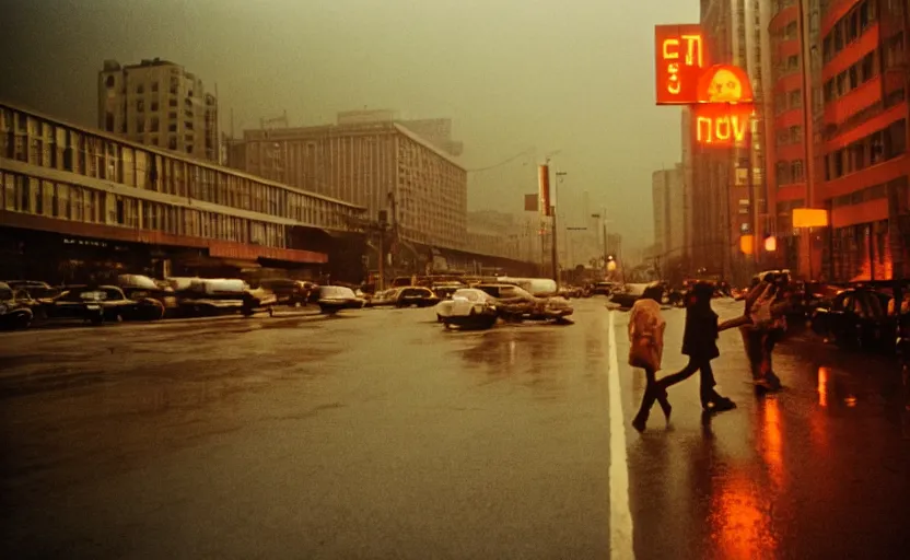 Image similar to 70s movie still of a sovietic street with pedestrians with soviet highrise in the backround , Cinestill 800t 18mm ektachrome color, heavy grainy picture, very detailed, high quality, 4k panoramic, HD criterion, dramatic lightning, neon billboards and streetlight at night, rain, mud, foggy