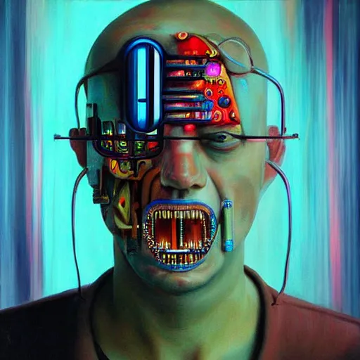 Image similar to a painting of a man with a weird face, cyberpunk art by ron english, featured on cgsociety, pop surrealism, grotesque, bryce 3 d, anaglyph effect