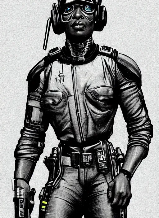 Image similar to chidi igwe. cyberpunk police officer in tactical harness and jumpsuit. portrait by stonehouse and mœbius and will eisner and gil elvgren and pixar. realistic proportions. dystopian. cyberpunk 2 0 7 7, apex, blade runner 2 0 4 9 concept art. cel shading. attractive face. thick lines.