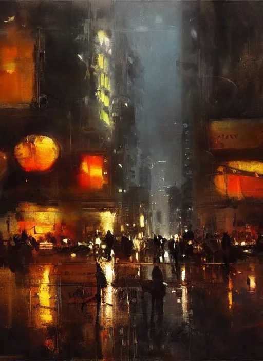 Prompt: a beautiful painting by jeremy mann of a city by night, warm colors