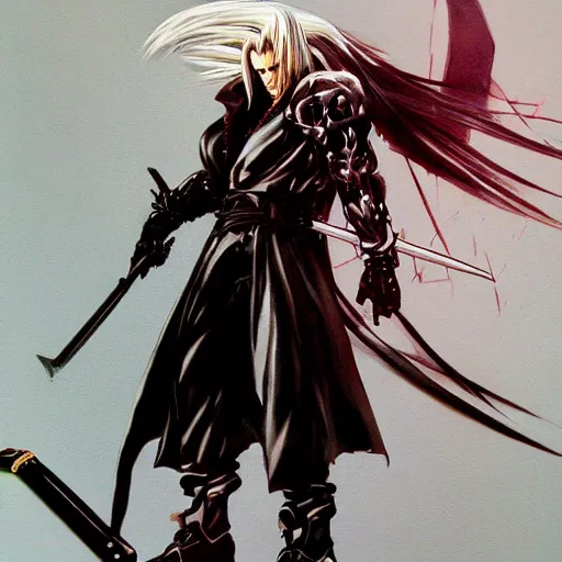 Prompt: a beautiful painting of sephiroth by yoji shinkawa, metal gear solid, strong lines and bold colors, limited color palette, atmosphere and tension, japanese, trending on artstation