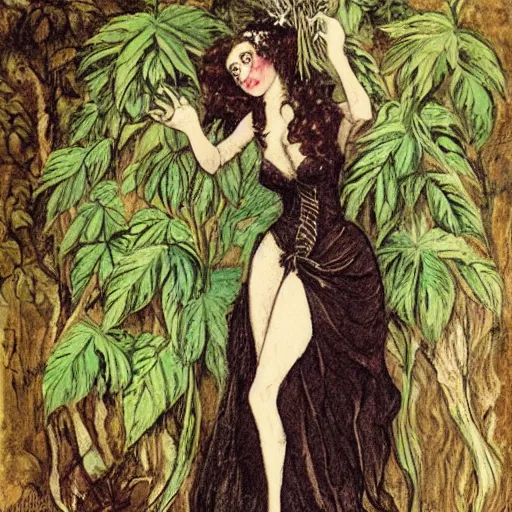 Image similar to dark gothic fairy wearing a gown posing with castor bean plant by Cicely Mary Barker