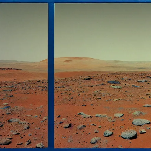 Image similar to mars landscape, surreal, in the form of a triptych, astronaut standing in the middle waving the samoa flag