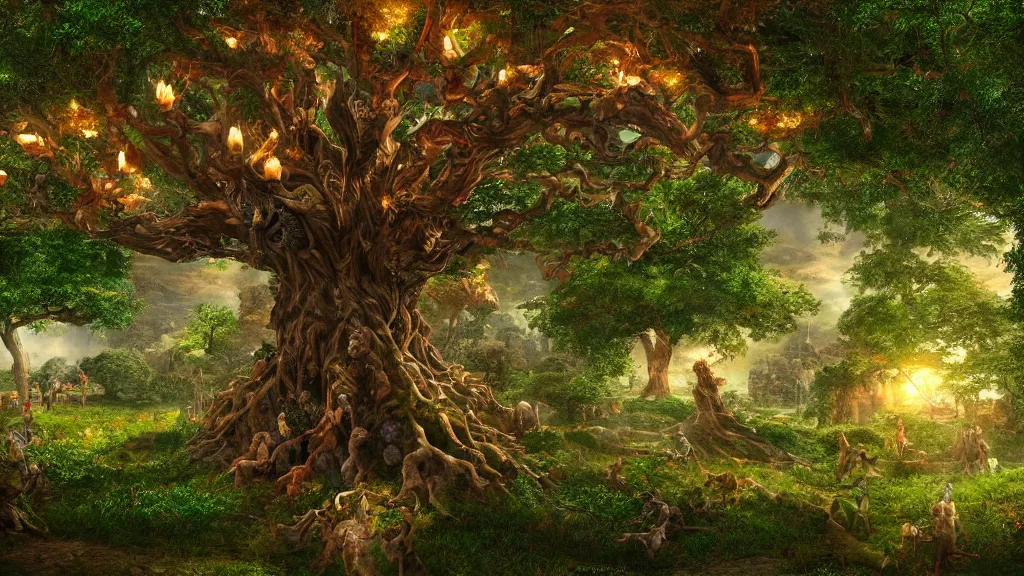 Image similar to fantasy tree of life in garden of eden, hd, hdr, cinematic 4k wallpaper, 8k, ultra detailed, high resolution, artstation