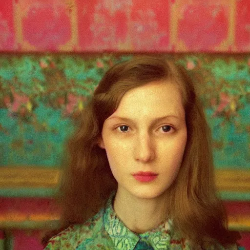 Prompt: close - up of a beautiful flowery girl in an soviet golden liminal abandoned room, film still by wes anderson, depicted by balthus, limited color palette, very intricate, art nouveau, highly detailed, lights by hopper, soft pastel colors