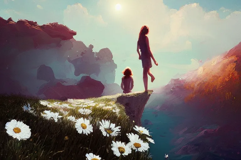 Prompt: giant white daisy flowers head, girl standing on cliff, surreal photography, solar eclipse, milky way, dramatic light, impressionist painting, clouds, digital painting, artstation, james gilleard, liam wong, jeremy mann, simon stalenhag