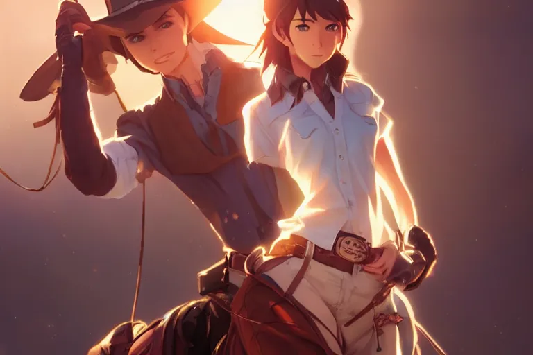 Image similar to western cowgirl, single centered subject, mid shot, ambient lighting, detailed face, by makoto shinkai, stanley artgerm lau, wlop, rossdraws