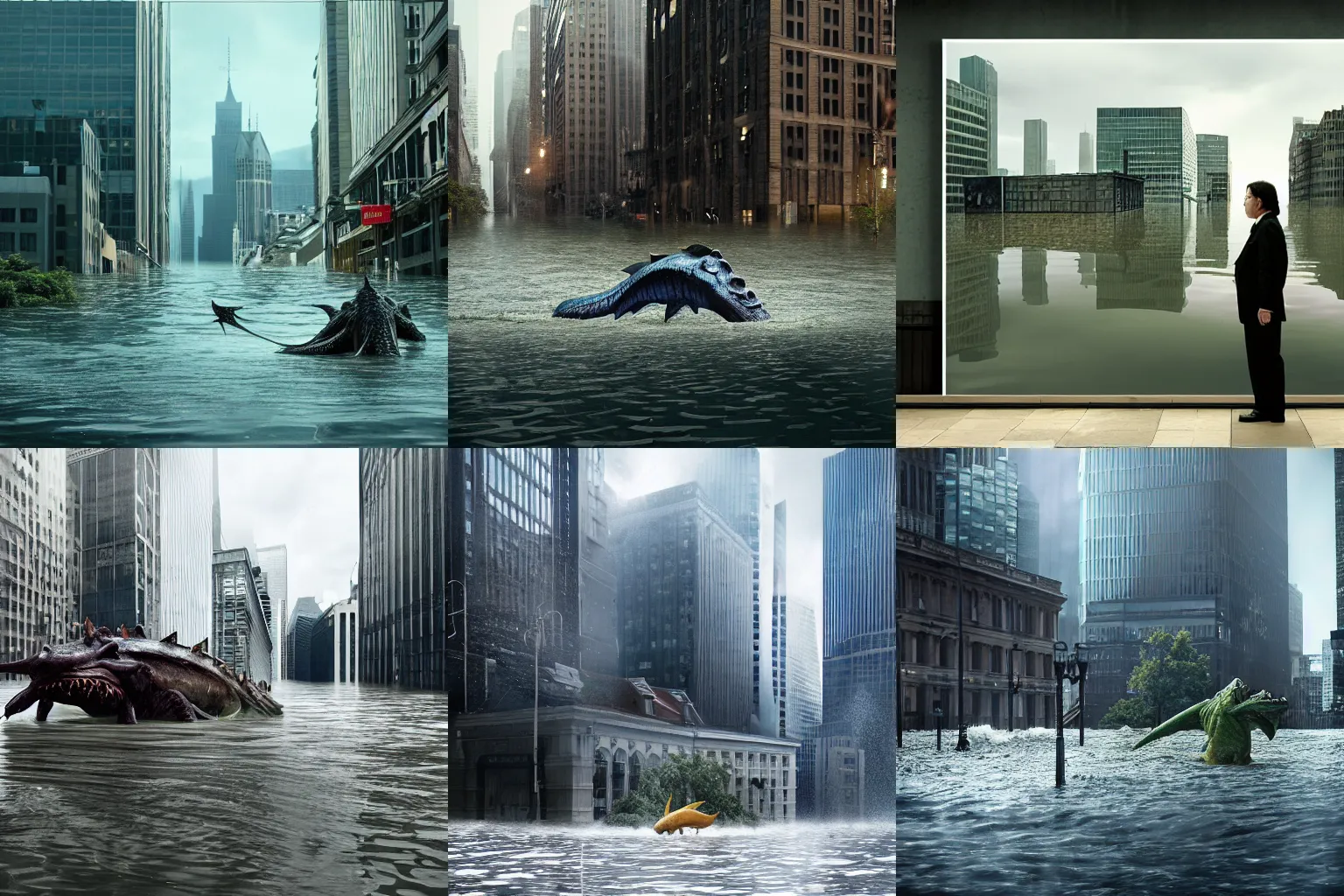 Prompt: stunningly beautiful large format photo, exterior of a flooded financial district, with sea monster, by jeff wall, VFX and comp by ILM, 10k