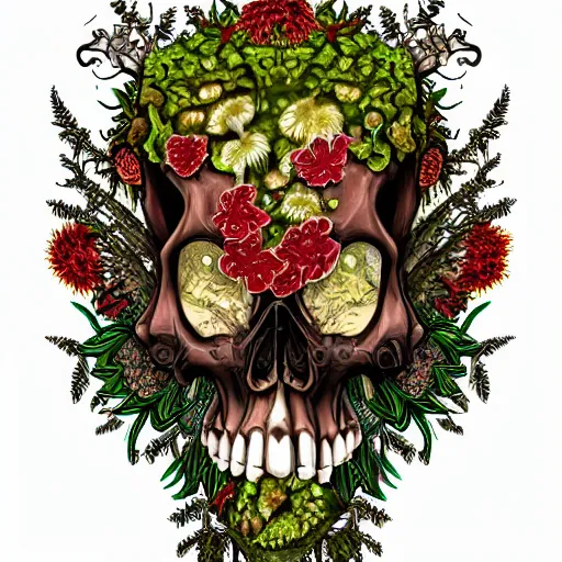 Image similar to detailed rotten skull corpse with fractal plants and fractal flowers and mushrooms growing around, symmetrical, ornate, ornamentation, illustration, in the style of onz_blk