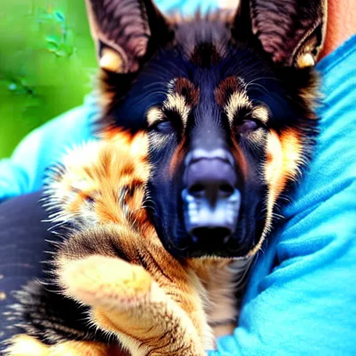 Image similar to german shepherd sleeping in arms with a kitten