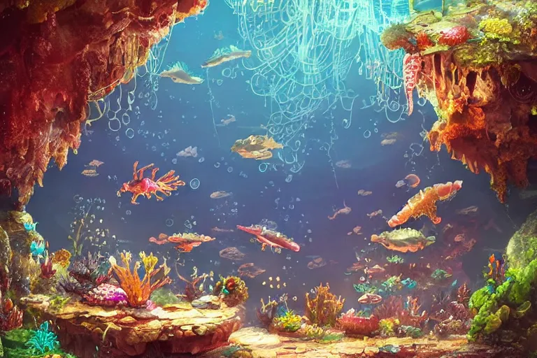 Image similar to beautiful painting of a huge caretta wearing a steampunk armour floating in a natural cave aquarium, coral reef, water bubbles, intricate details, jewel fishes, two magnificent jelly fish, realistic shaded , highly detailed, artstation, art by pascal campion, octane render, 4k, dynamic light, volumetric light, neon lights, cinematic mood