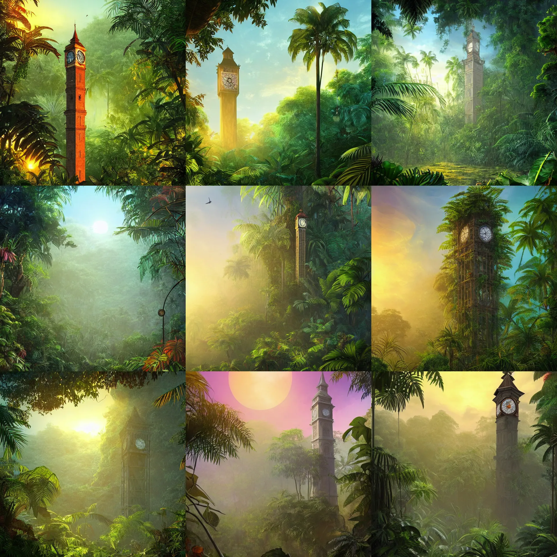 Prompt: a tall clock tower in a jungle!, mist, tropical trees, vines, birds, sunset!, fluffy clouds, warm colors, beautiful lighting, digital art, intricate details, trending on artstation