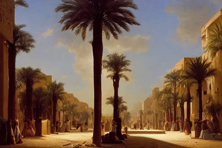 Prompt: palm tree-lined street at midnight in a very ancient very beautiful Egyptian city by Ludwig Deutsch and Rudolf Ernst, colorful tiled architecture, strong dramatic cinematic lighting, lost civilizations, smooth, sharp focus, extremely detailed