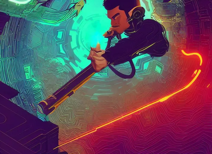 Image similar to cartoon of a man holding a futuristic wand, digital art by kilian eng, cgsociety, afrofuturism, tesseract, sci - fi, future tech
