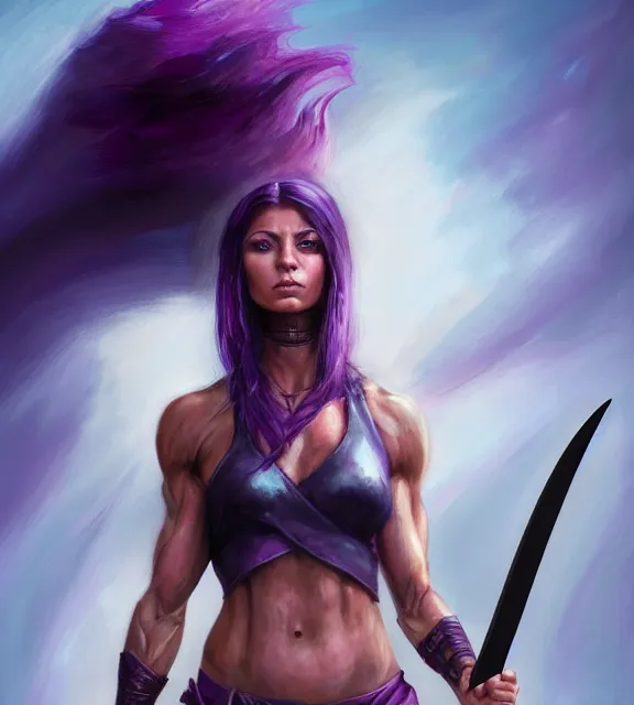 Image similar to muscular female warrior holding giant dagger, perfect face, diadem, black halter top, purple hair, abs, cinematic, blush, stunning, athletic, strong, agile, highly detailed, psychedelic, digital painting, artstation, smooth, hard focus, illustration, art by jessica rossier and and brian froud