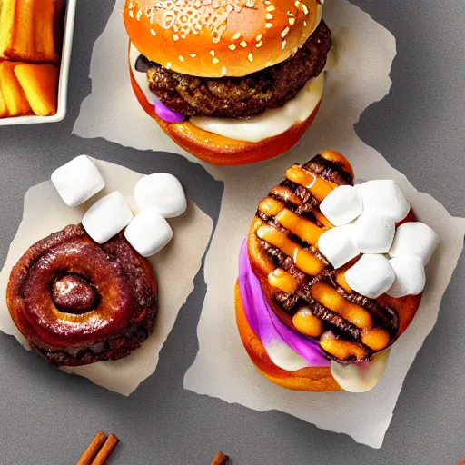 Image similar to Fast Food commercial photograph of a Cinnabon burger with a sweet potato patty, sweet cinnamo bun and melted marshmallows