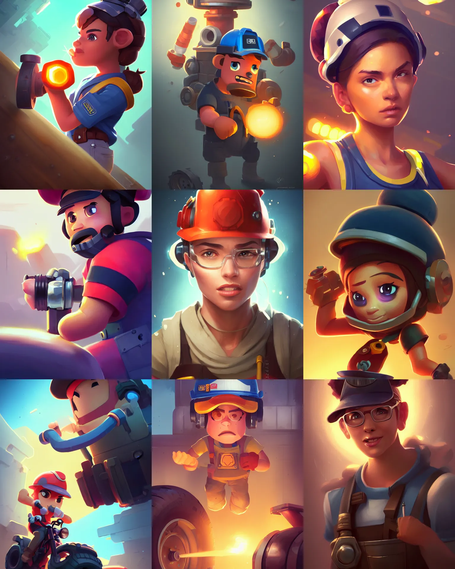 Prompt: beautiful portrait of a mechanic in the style of brawlstars, light dust, magnificent, close up, details, sharp focus, elegant, highly detailed, illustration, by Jordan Grimmer and greg rutkowski and ocellus and wlop, intricate, beautiful, octane, 8k, Trending artstation, pixiv, digital Art