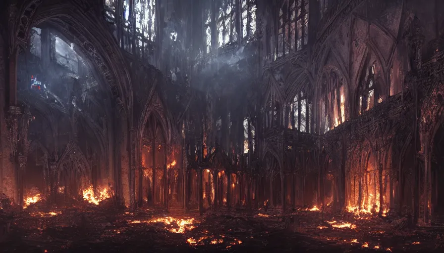 Prompt: Interior of a burning destroyed Neo-Gothic castle at night, hyperdetailed, artstation, cgsociety, 8k