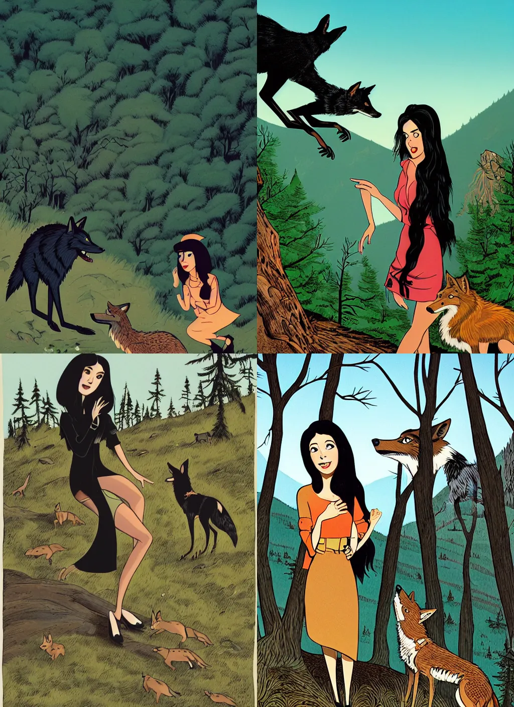 Prompt: a closeup of a young black haired woman talking with a coyote on the top of a forested hill. dynamic conversation, jon macnair, gary baseman, flat matte art, pedro correa, mort drucker, story book, intricate detailed, looking straight into camera