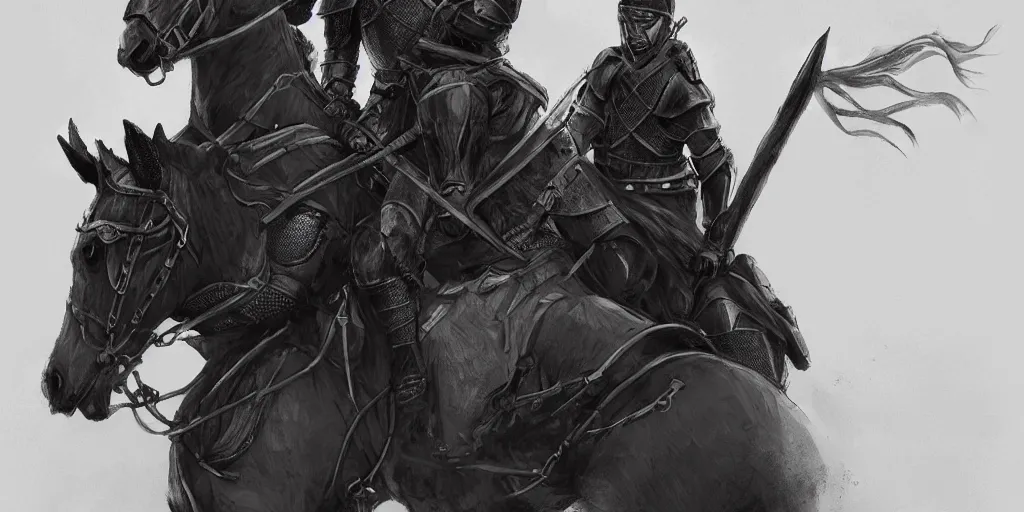 Prompt: a whole-length portrait of a black knight on horseback many dry branch with man ,wearing armor , In the morning mist ,in style of realistic ,artstation