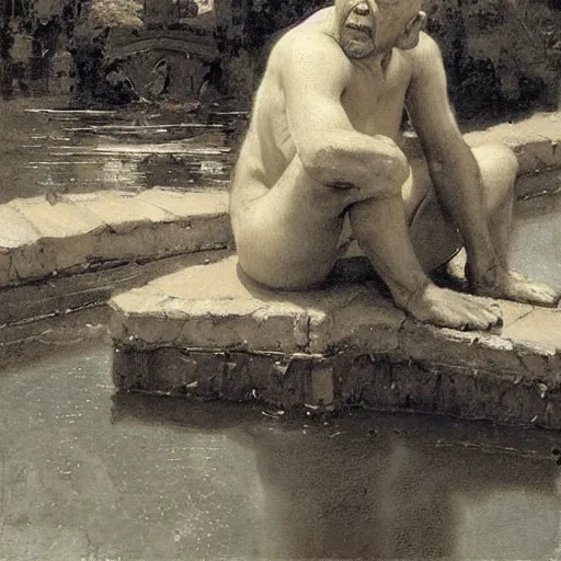 Image similar to medieval, old blind monk, contemplating a pond, character design, painting by gaston bussiere, craig mullins, j. c. leyendecker, tom of finland