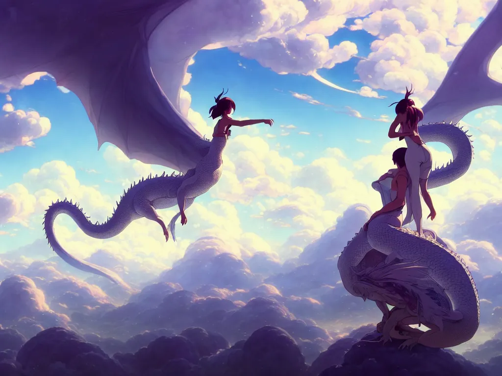 Image similar to a vast scene, panorama distant view, hyper detailed scene render of a beautiful girl sit on a huge silver dragon back, in the white clouds fairyland, animation portrait concept art, style of makoto shinkai, xision, james jean and peter mohrbacher, studio ghibli, artgerm, karol bak, beeple, 4 k hd, animation style