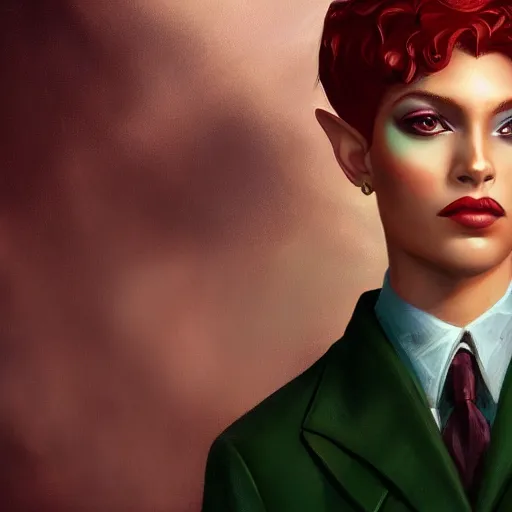 Image similar to portrait of a beautiful nonbinary actor with dark tan skin and messy short red hair wearing a men's suit, she has elf ears and gold eyes, by Gerald Brom and Ross Tran, dramatic lighting, 4K, trending on artstation