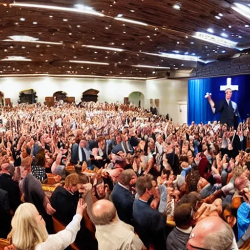 Prompt: kenneth copeland holding an axe chasing crowd in church