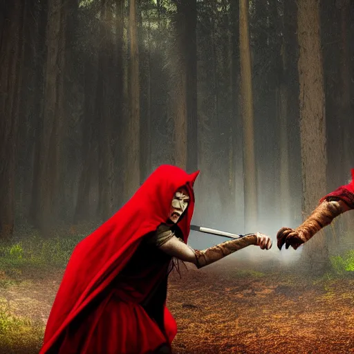 Image similar to photo of red riding hood warrior fights a werewolf, highly detailed, dramatic lighting, cinematic, 4k