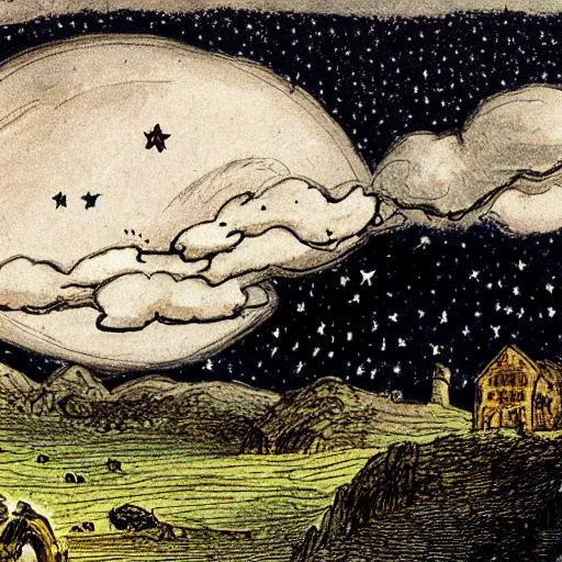 Image similar to night sky, stars, crescent talking moon smiling prominently in the center, surrounded by clouds, landscape, illustrated by peggy fortnum and beatrix potter and sir john tenniel