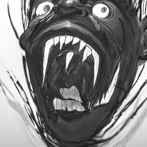 Image similar to a beautiful professional portrait of mc ride screaming in anger, painted by tsutomu nihei